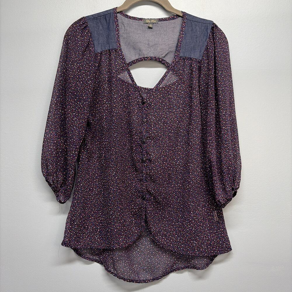 Lily Rose Sheer Dot & Denim Cutout Blouse - Size XS - Made in the USA